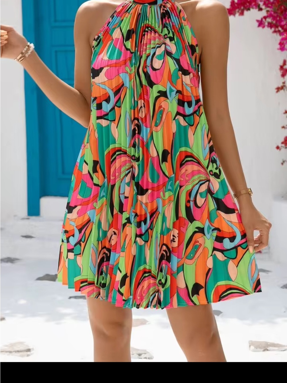 Vibrant Multicolor Pleated Tie Back Halter Mini Dress - Picture 5 of 7